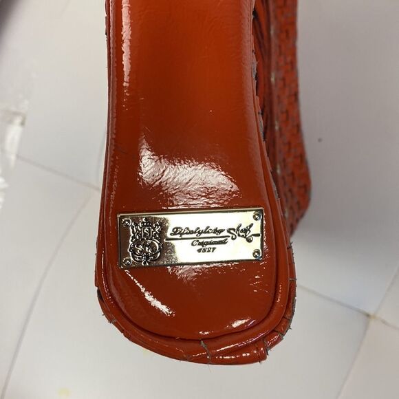 Vintage Sharif 1827 Orange Patent Leather Woven Braided Cowhide Zebra Print Shou - Picture 5 of 11